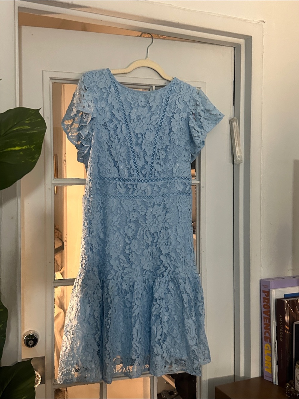 Nannette Light Blue Lace Flutter Sleeve Dress
